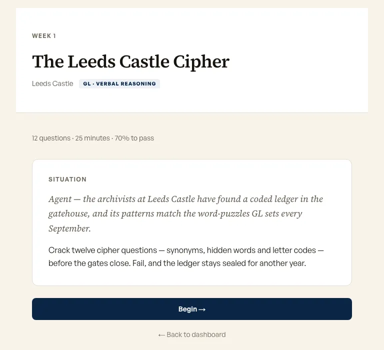 The Week 1 mission briefing screen — The Leeds Castle Cipher